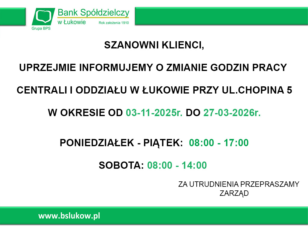 informacja zmiana godzin pracy 202511